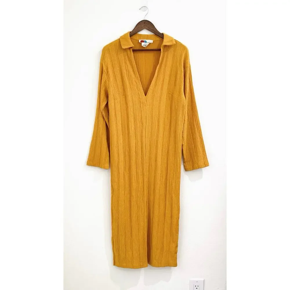 Free People FP Beach Midi Dress sz XS Collared Gold Yellow Long Sleeve *FLAW